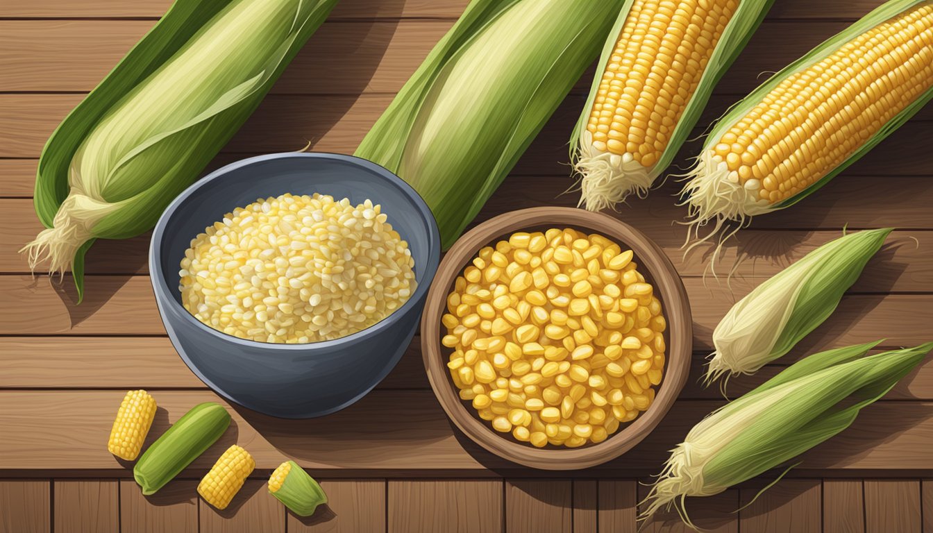 A bowl of corn silk substitutes arranged next to fresh corn on a wooden table