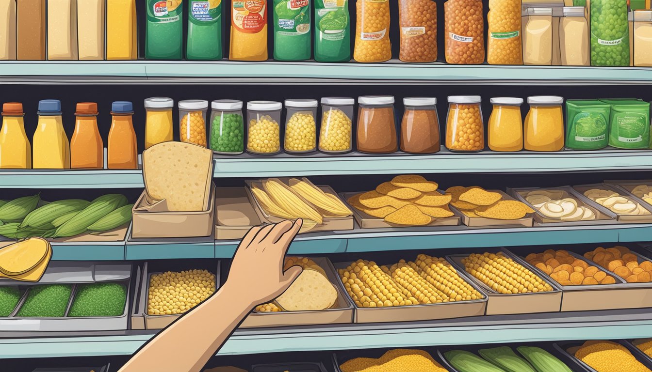 A hand reaching for a variety of corn tortilla substitutes on a grocery store shelf