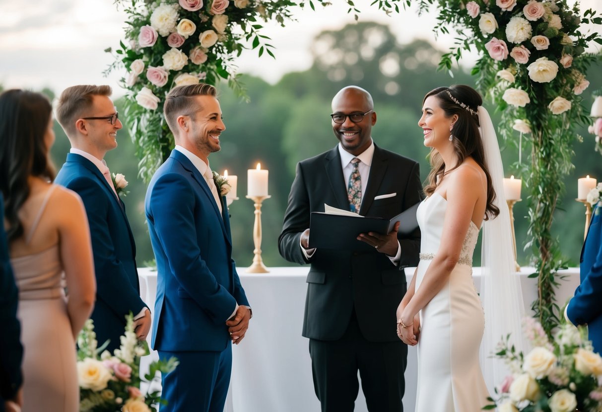 A couple stands at an altar, surrounded by flowers and candles, as their friend officiates their wedding ceremony with a joyful smile