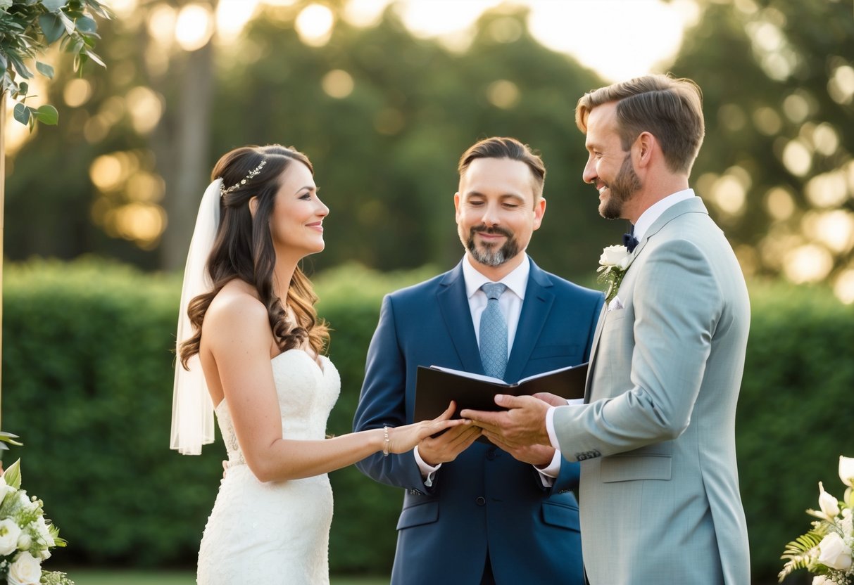 A couple standing in front of a celebrant, exchanging vows at an outdoor wedding ceremony. The celebrant is holding a book or script, while the couple looks at each other lovingly