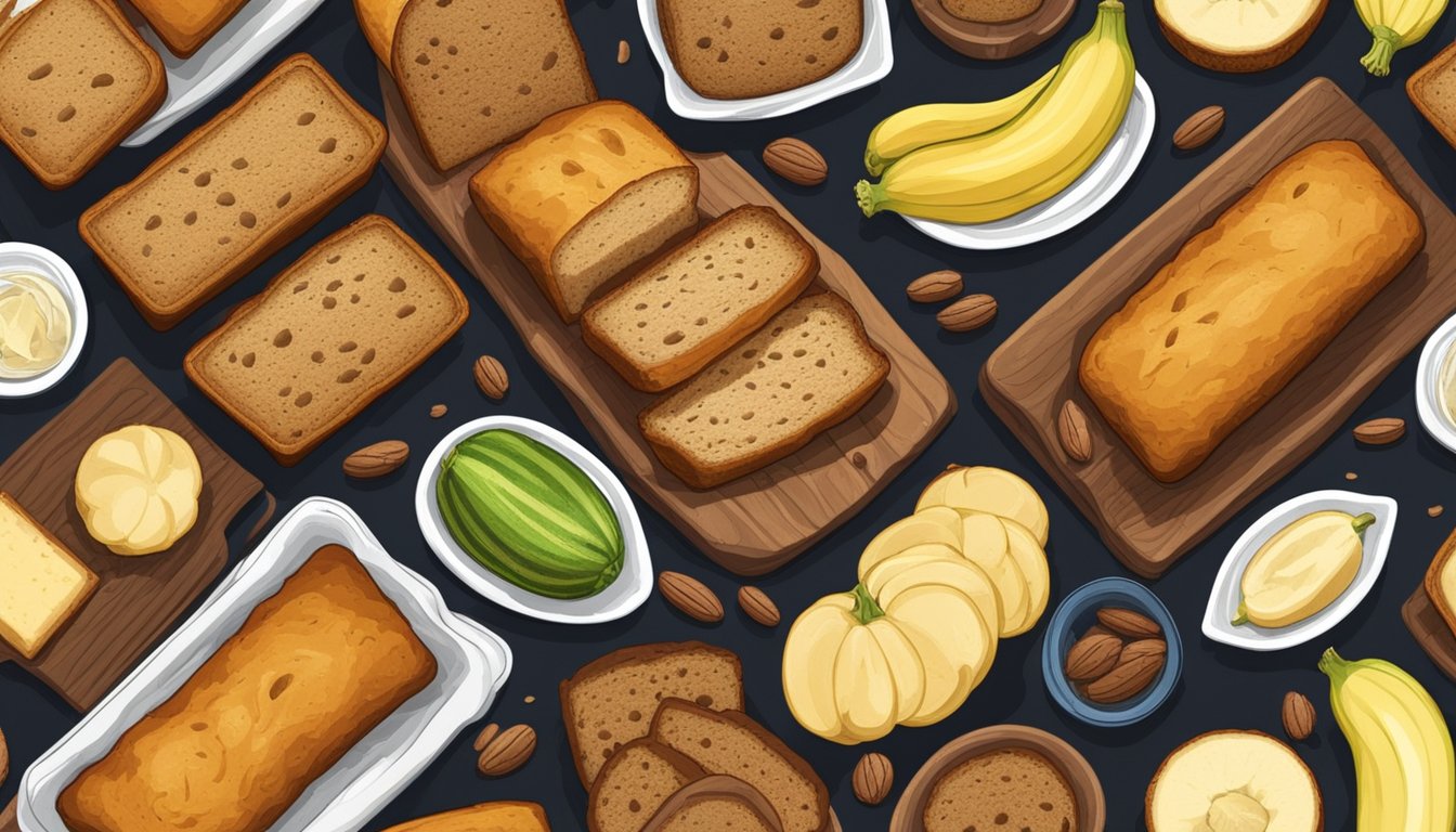 A variety of moisture-retaining alternatives to cornbread, such as zucchini bread, banana bread, and pumpkin bread, arranged on a rustic wooden table