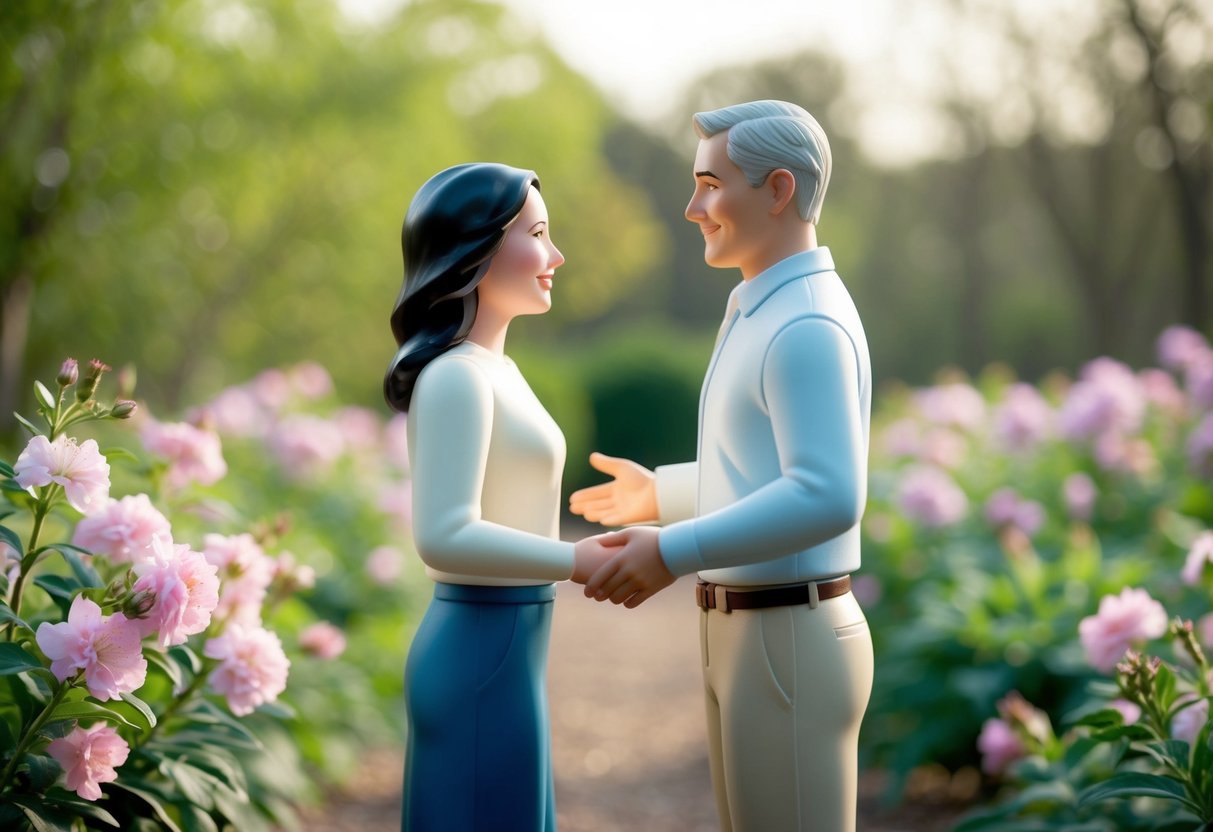 Two figures stand facing each other in a serene outdoor setting, surrounded by blooming flowers and greenery. One figure gestures towards the other with a sense of warmth and joy