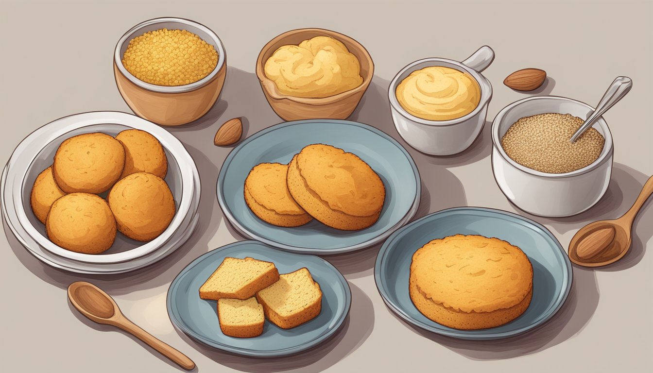 A table set with various cornbread substitutes: sweet potato biscuits, quinoa muffins, and almond flour bread