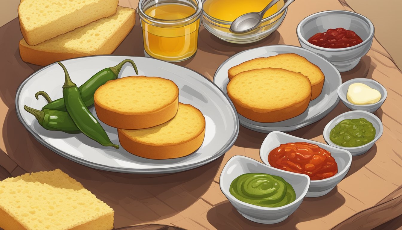 A table with various types of cornbread: classic, jalapeno, honey, and gluten-free. Served with chili, butter, and jam