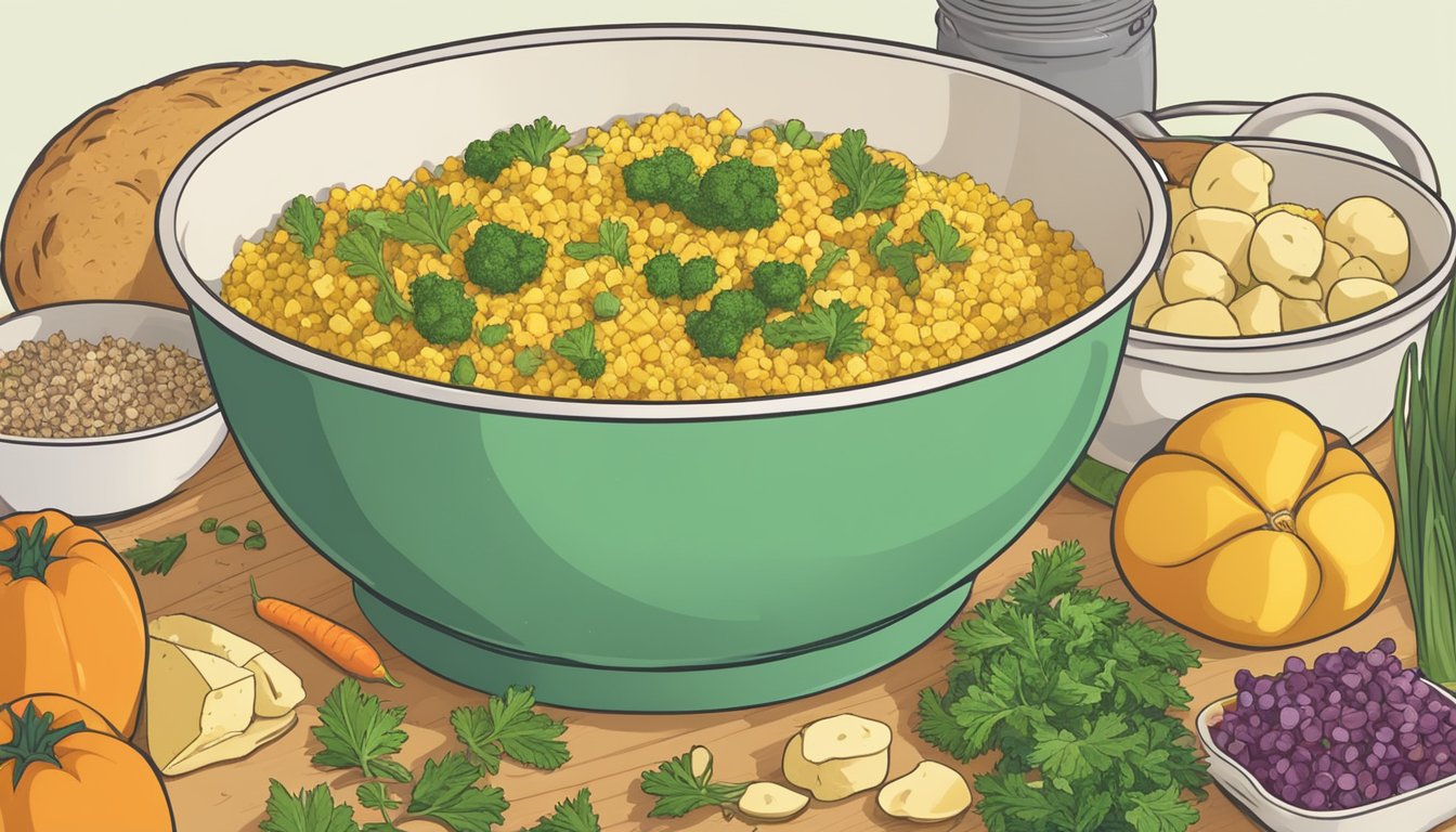 A mixing bowl filled with crumbled cornbread, herbs, and diced vegetables, ready to be combined into a flavorful stuffing