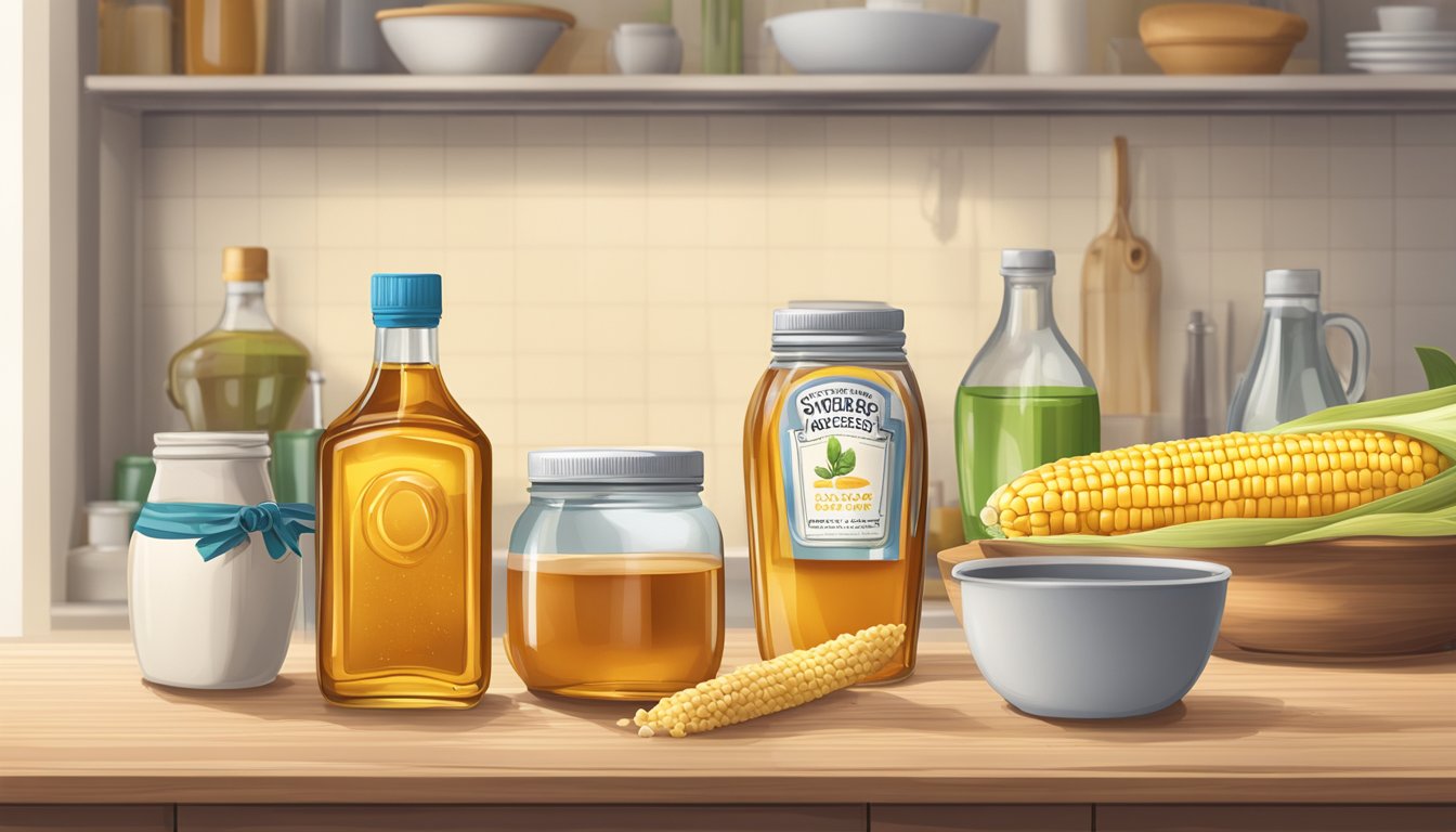 A kitchen counter with various natural sweeteners like honey, maple syrup, and agave nectar displayed next to a bottle of corn syrup