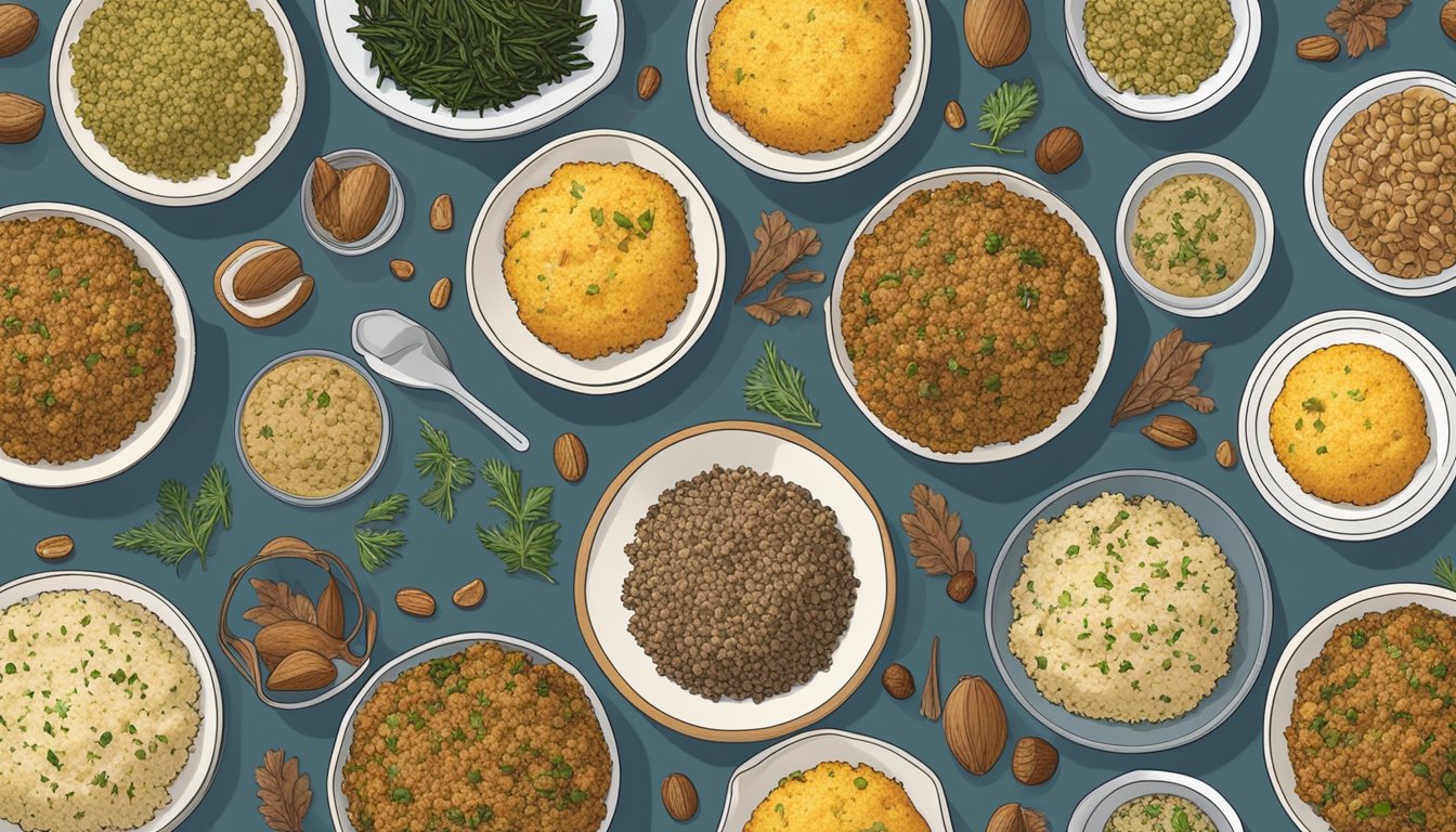 A table set with various cornbread stuffing substitutes, including quinoa, wild rice, and chestnut options