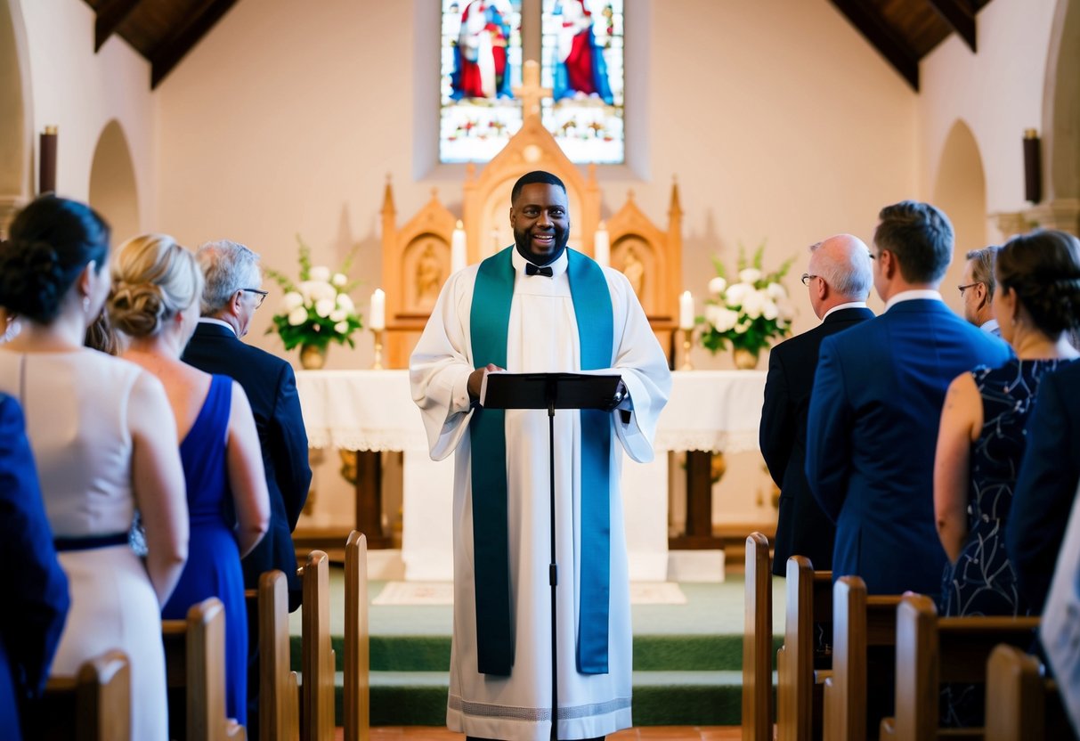 A celebrant stands at the altar of a church, ready to officiate a wedding ceremony
