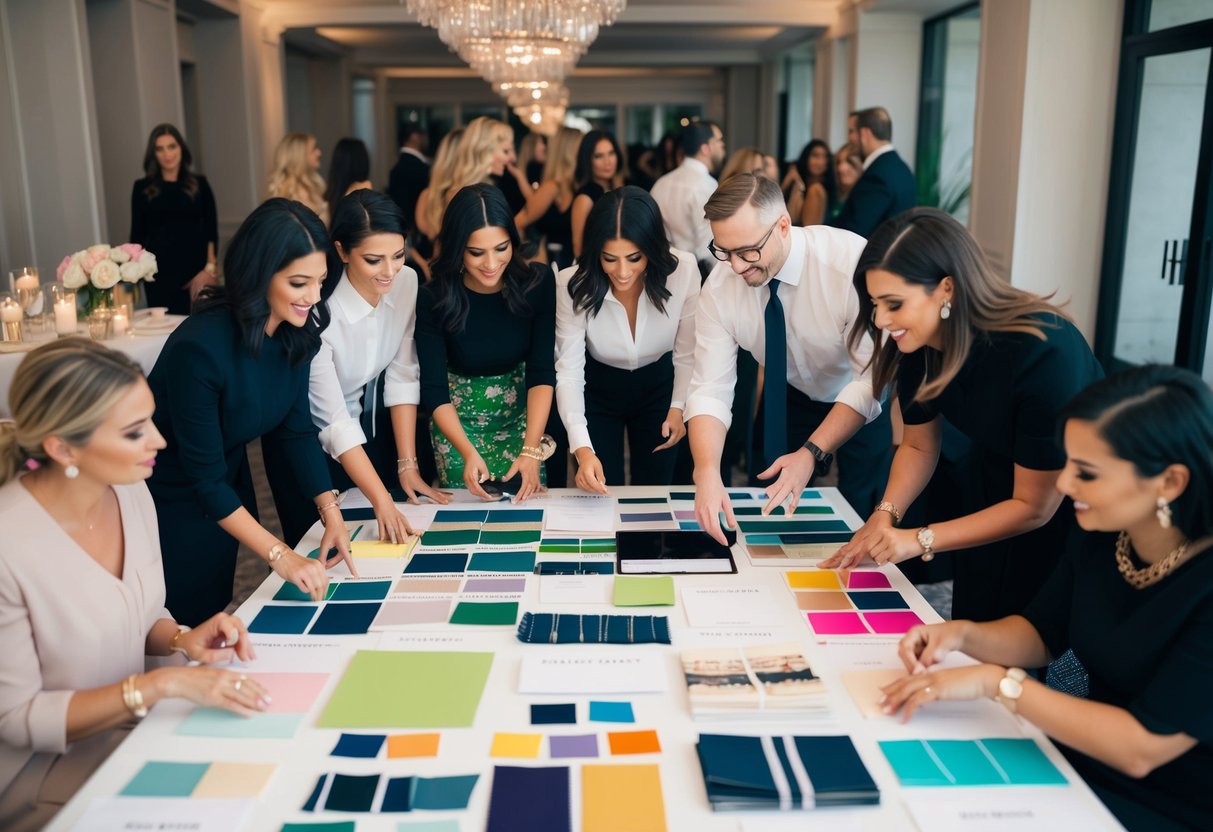 A team of event planners gathers around a table covered in mood boards and fabric swatches, brainstorming ideas for the Kardashian party