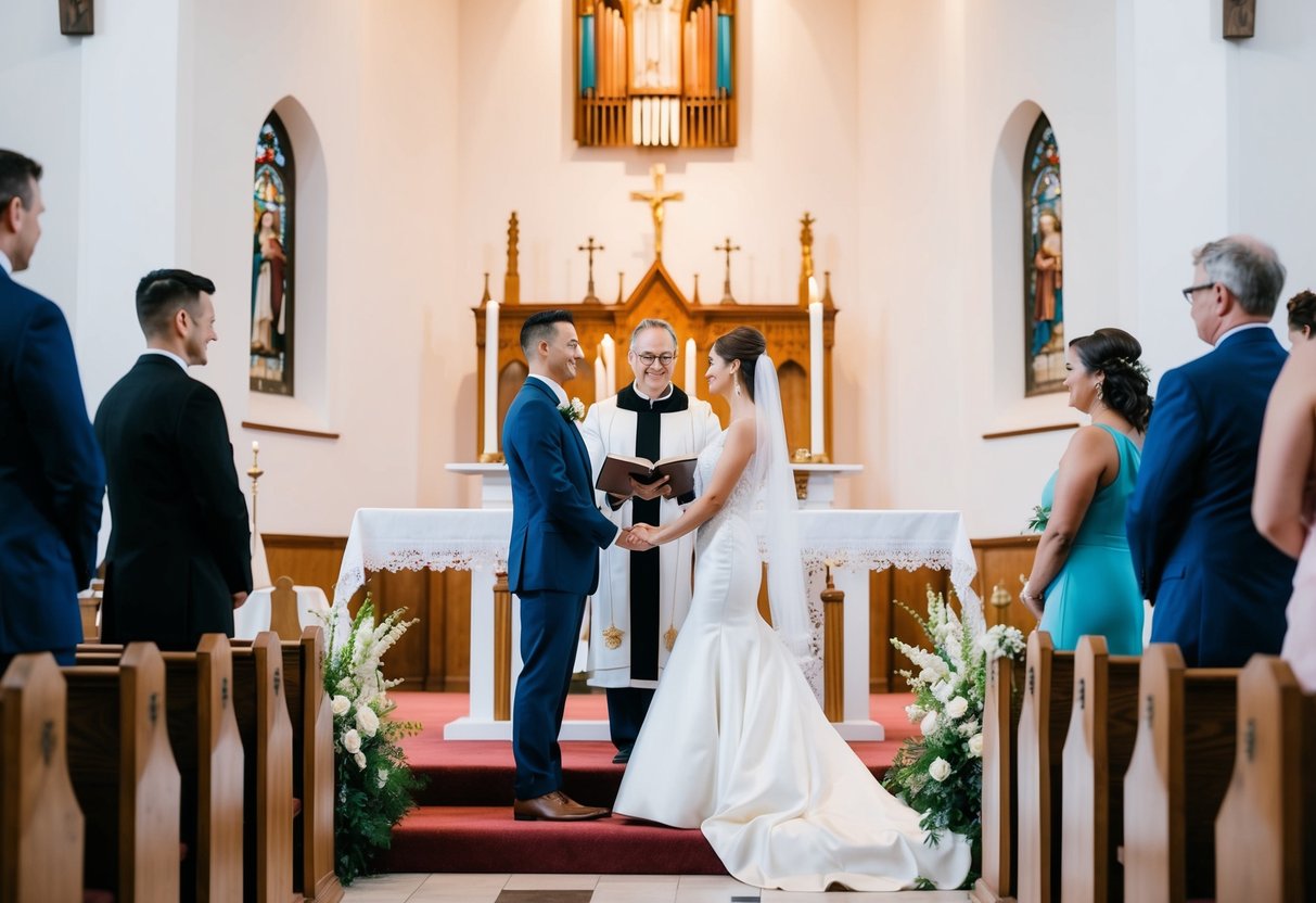 A celebrant standing at the altar of a church, officiating a wedding ceremony with a couple standing in front of them