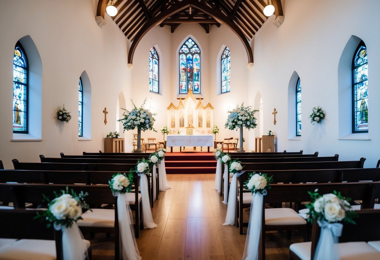 A church with a picturesque setting, adorned with elegant decorations and seating arrangements, ready for a wedding ceremony