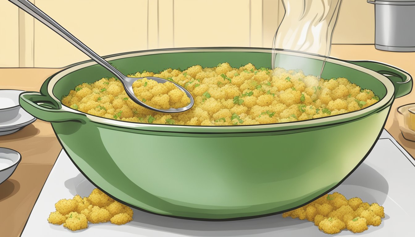 A bowl of cornbread stuffing mix being stirred with a spoon, as liquid components and moisture are added in