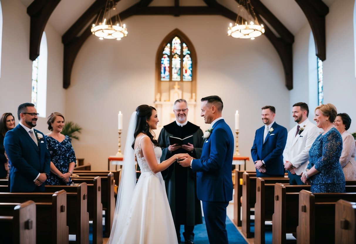 A celebrant stands at the front of a church, facing the pews. A couple stands before them, exchanging vows and rings