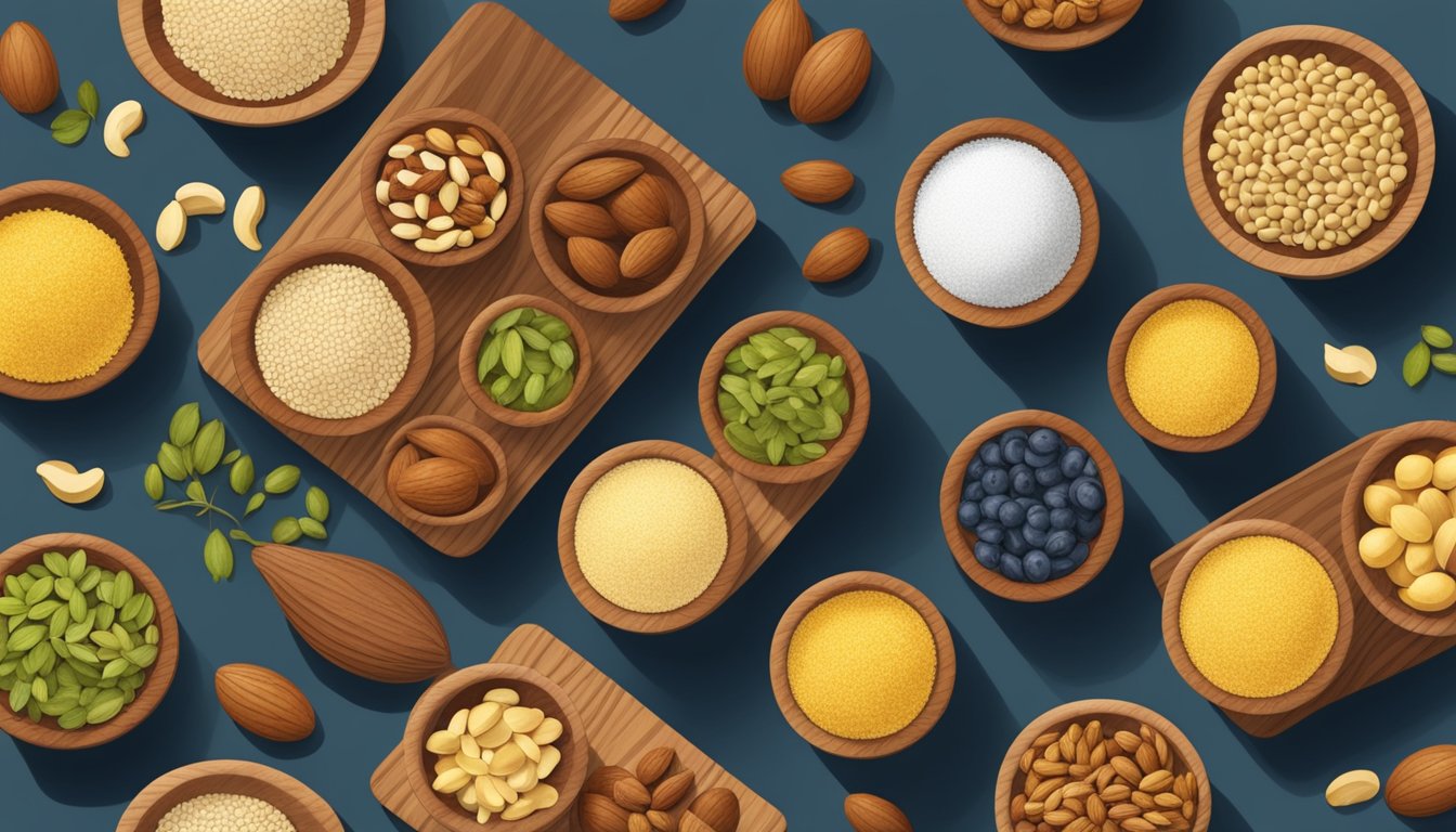 A wooden table with a variety of nuts, seeds, and cornmeal alternatives spread out in small bowls and containers