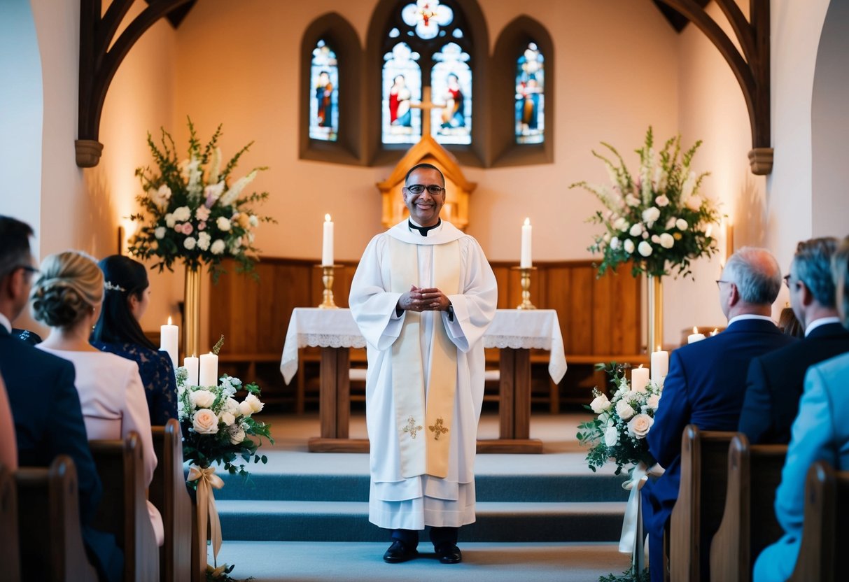 A celebrant stands at the altar of a charming church, ready to officiate a wedding ceremony. Flowers and candles adorn the space, creating a warm and intimate atmosphere