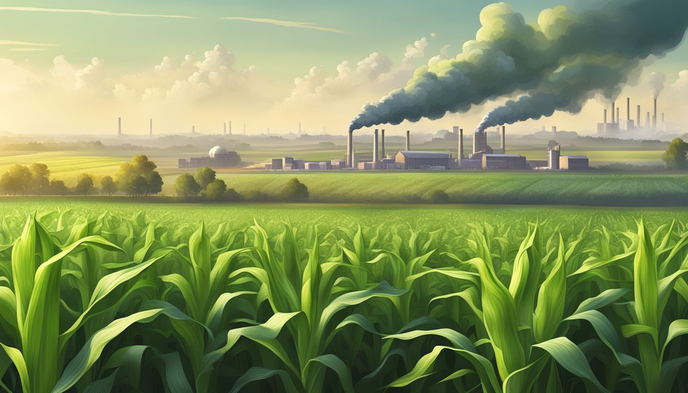 A lush field of ripe corn with a factory emitting green smoke in the distance, surrounded by a bustling city and a serene countryside