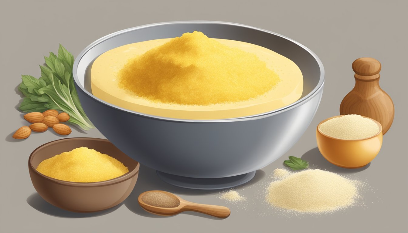 A bowl of polenta being prepared with ingredients such as flour, rice, or almond meal as substitutes for cornmeal