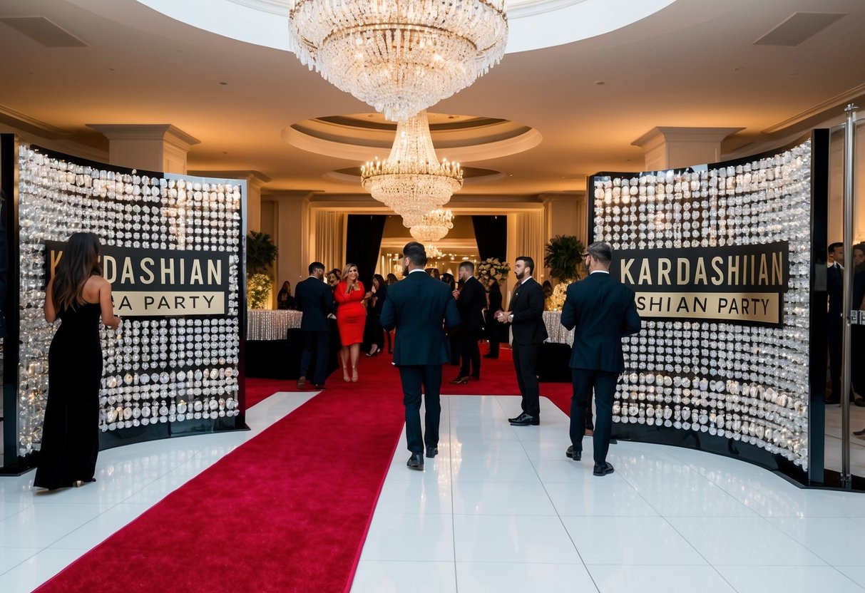 A luxurious event venue with a red carpet entrance and a grand chandelier. Decorations and branding for the Kardashian party are being set up by a team of event planners and designers