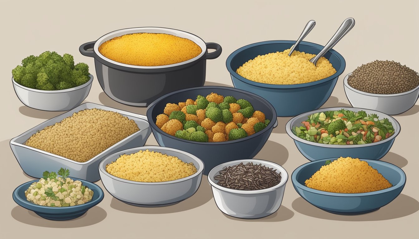 A table set with various healthy alternatives to traditional cornbread stuffing, such as quinoa, wild rice, and vegetable-based options