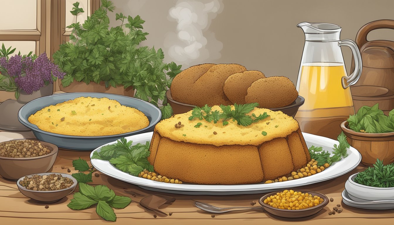 A rustic table set with a steaming dish of cornbread stuffing surrounded by fresh herbs and spices