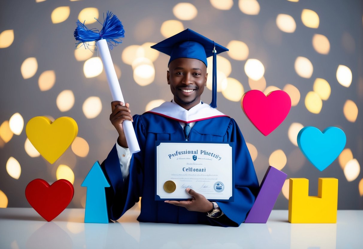 A celebrant holding a diploma and a certificate, surrounded by symbols of love, unity, and cultural diversity