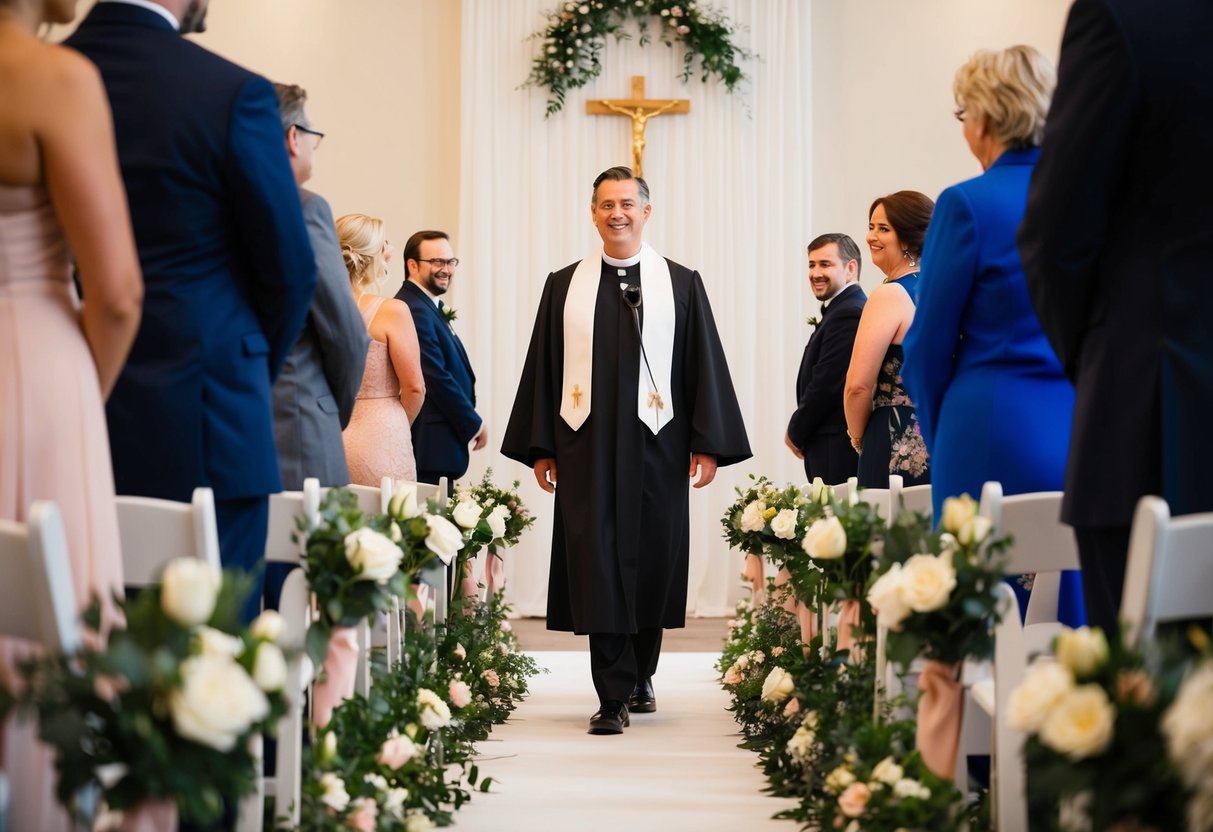 The wedding officiant walks down the flower-lined aisle