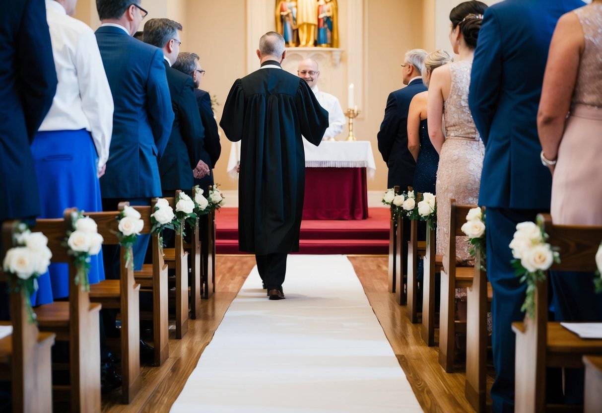 The wedding officiant walks down the aisle towards the altar