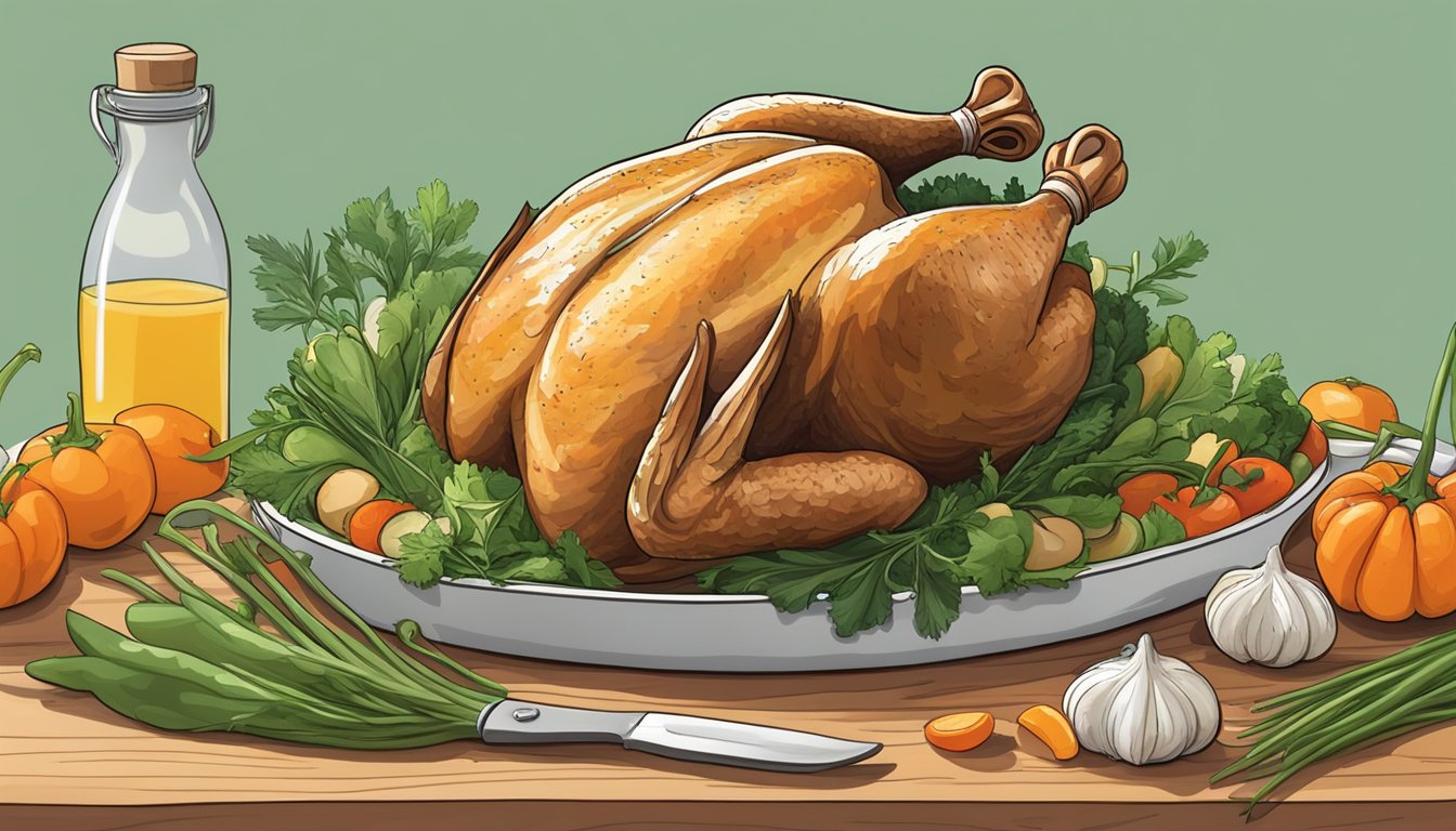 A whole Cornish hen surrounded by fresh herbs and vegetables on a cutting board