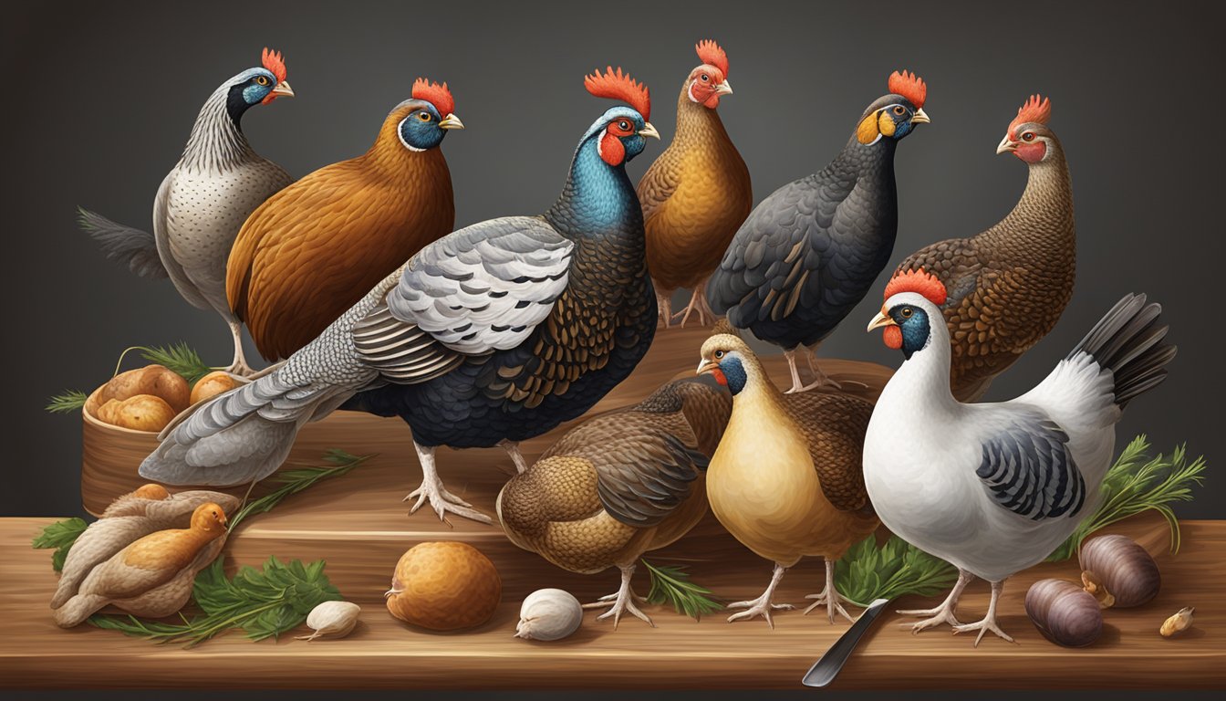 A variety of alternative poultry, such as quail, poussin, and guinea fowl, arranged on a rustic wooden cutting board