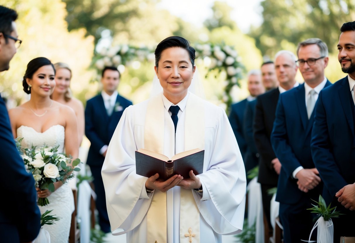 The wedding officiant walks down the aisle, carrying a book and a small bouquet, with a serene expression on their face