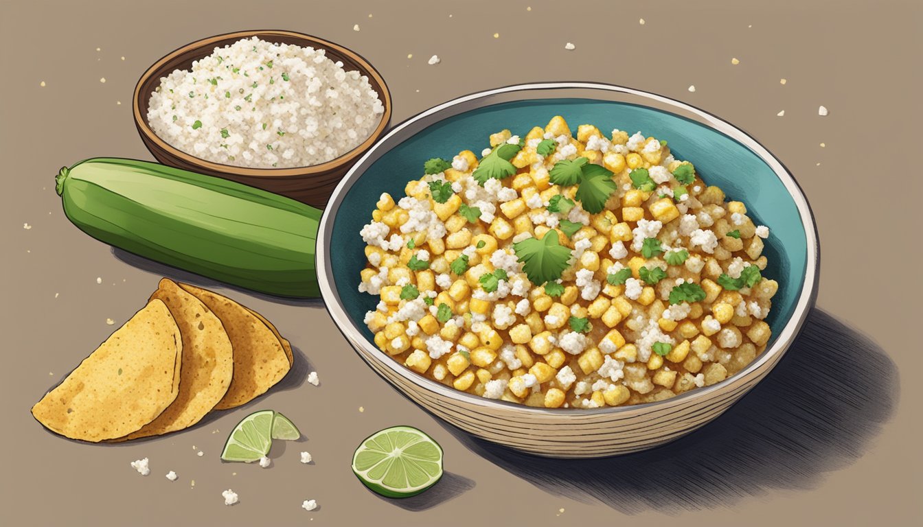 A bowl of Mexican street corn with cotija cheese substitute sprinkled on top, next to a plate of tacos with vegan cotija cheese alternative crumbled on top