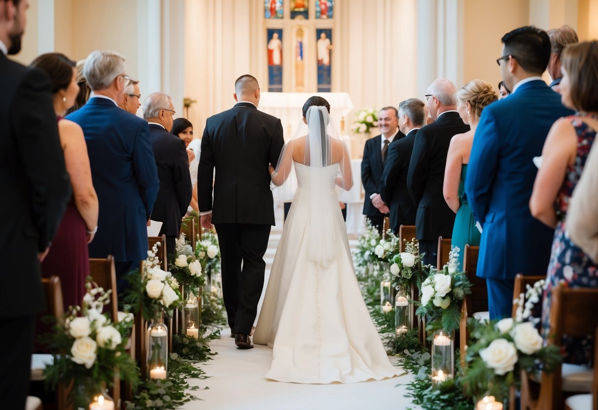 The wedding officiant walks down the aisle towards the altar