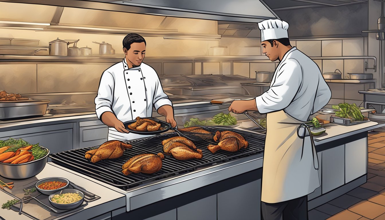 A chef expertly grills cornish hen substitutes on a sizzling hot grill, with a variety of spices and herbs scattered on the counter