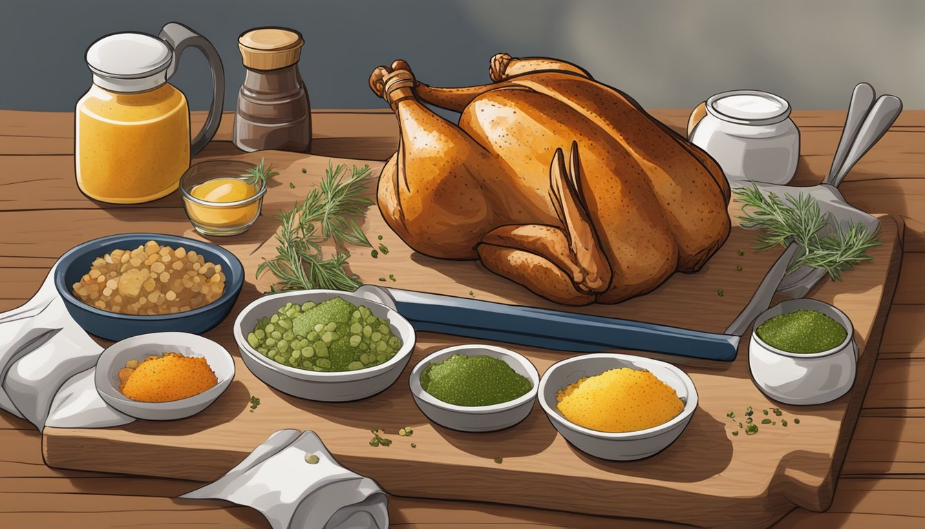 A variety of seasonings and marinades surround a cornish hen substitute on a wooden cutting board