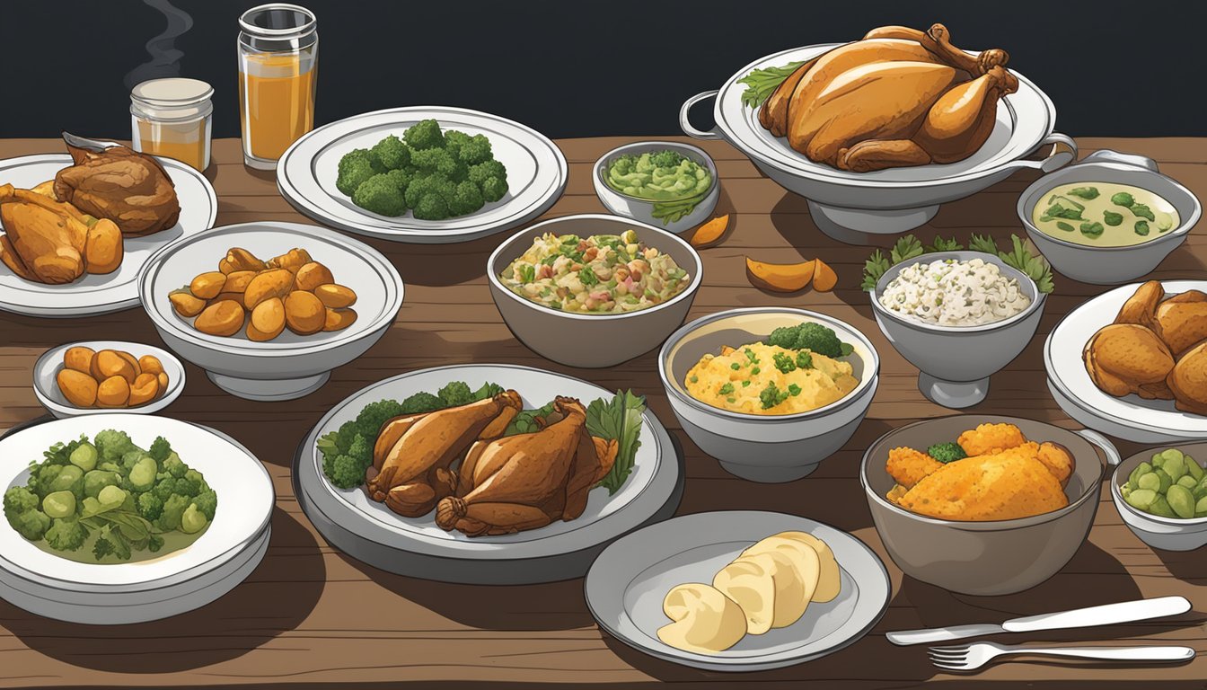 A table set with various side dishes and accompaniments for cornish hen substitutes