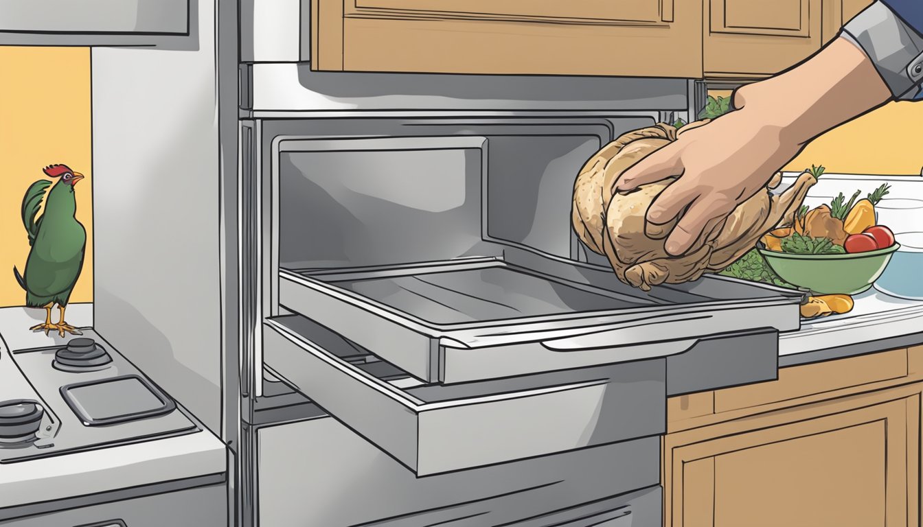 A hand reaches into a refrigerator to grab a wrapped Cornish hen. The next frame shows the hen being placed into a microwave for reheating