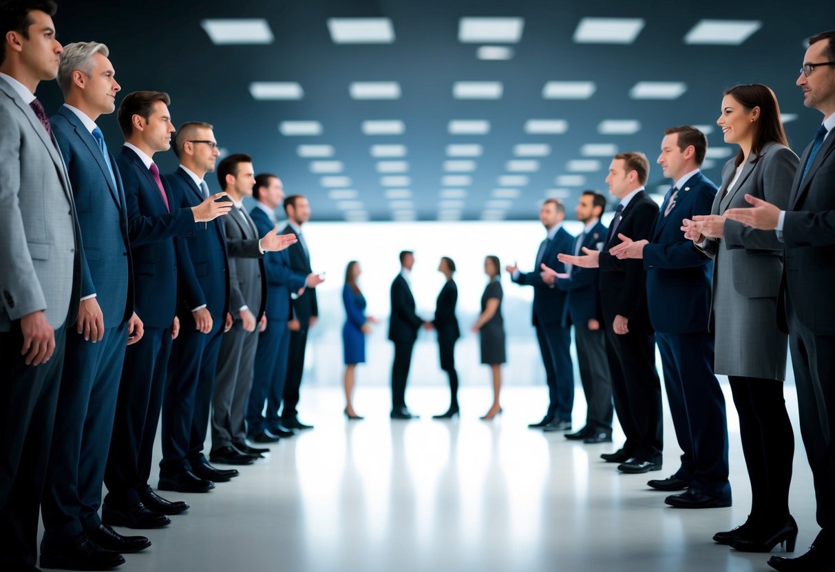 A line of figures stand in a row, each facing forward. They take turns speaking, gesturing towards an unseen couple in the center of the scene