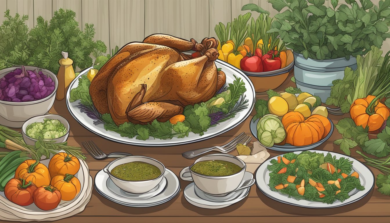 A beautifully arranged table with a roasted cornish hen surrounded by fresh herbs and colorful vegetables