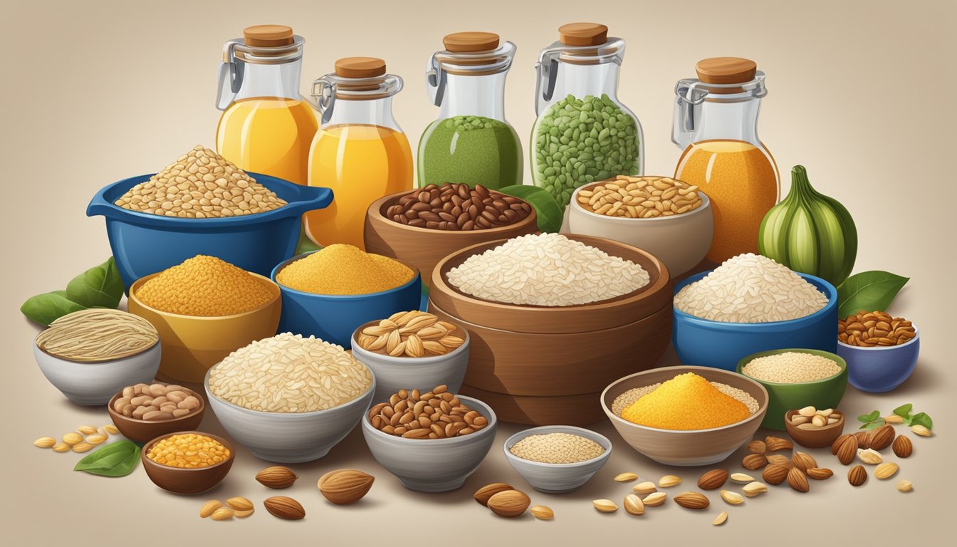 A colorful array of ingredients from around the world, including oats, rice, and nuts, arranged in a kitchen setting