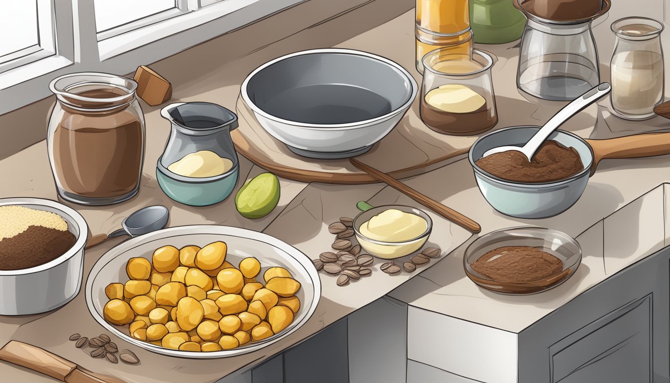 A kitchen counter with various ingredients and utensils for making couverture chocolate substitutes