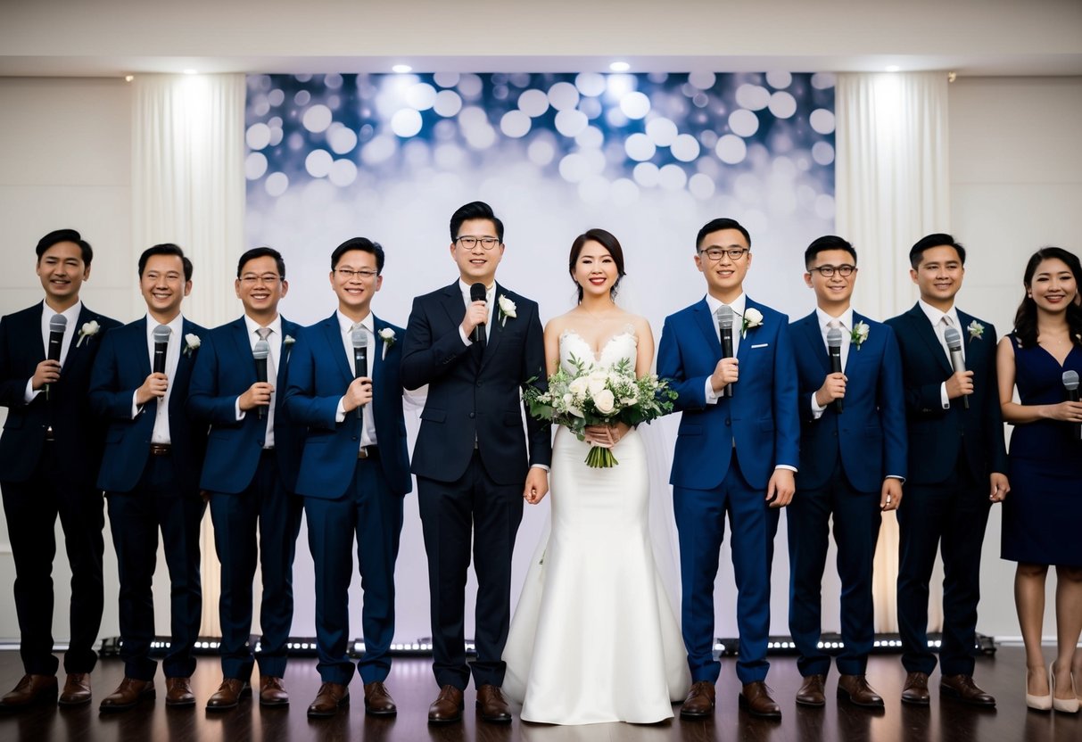 A group of figures stand in a line, each holding a microphone, with a bride and groom at the center. They are surrounded by a modern, elegant wedding backdrop
