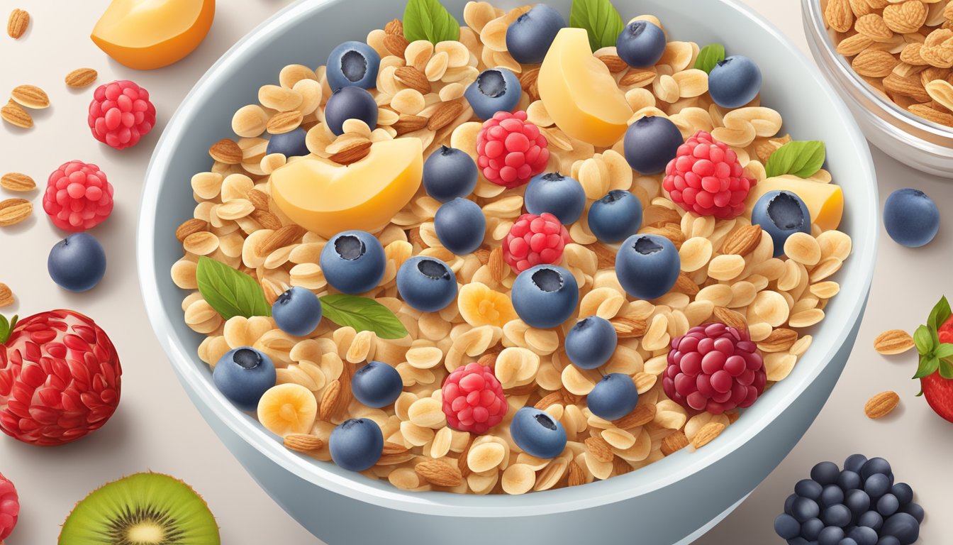 A bowl of cereal with various alternative options such as granola, oats, and puffed rice, surrounded by fresh fruits and a glass of milk