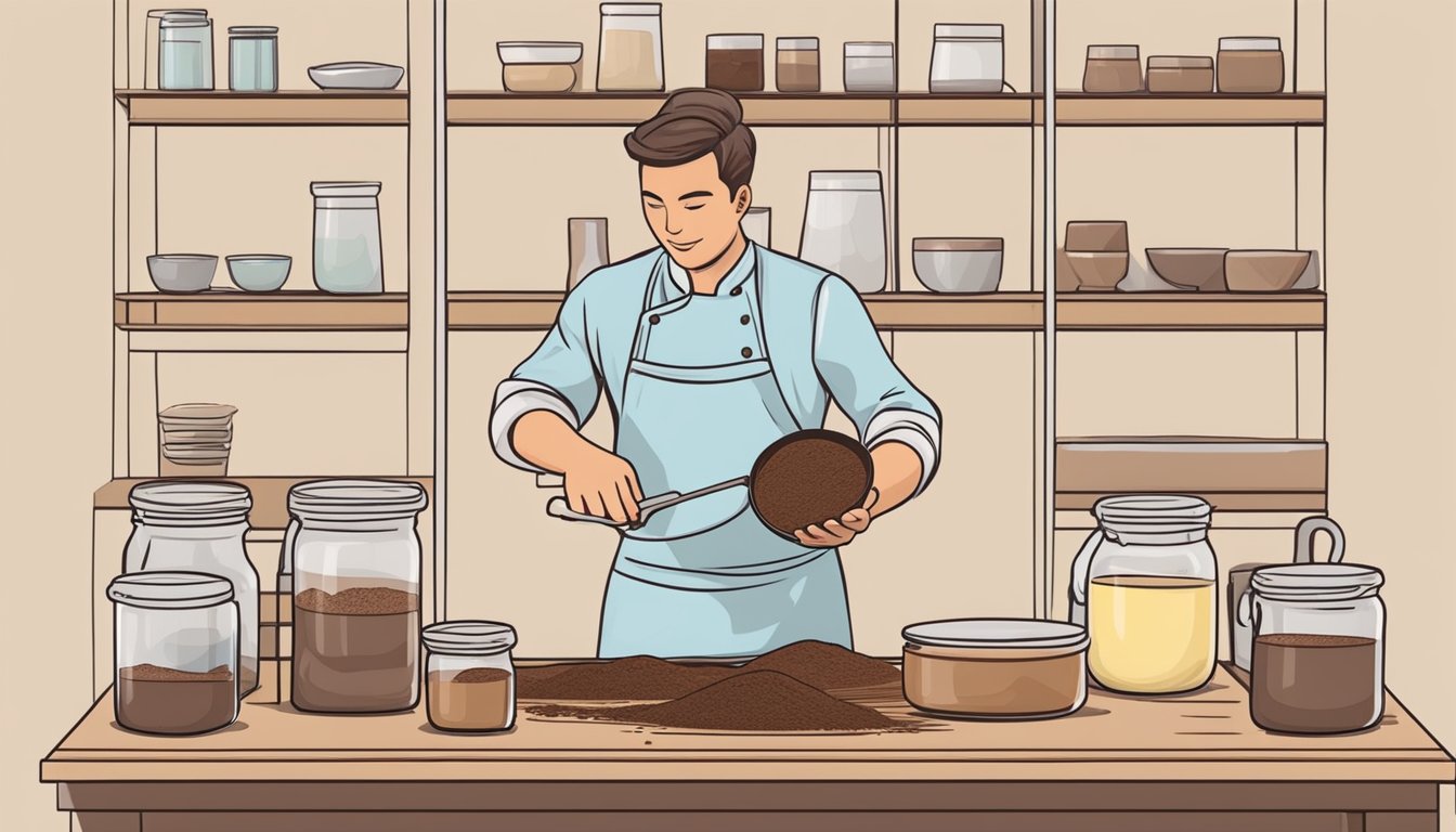 A chef measures out cocoa powder, butter, and sugar to create a homemade substitute for couverture chocolate