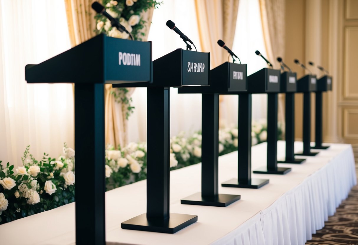 A line-up of empty podiums, each labeled with the name of a speaker, set against a backdrop of elegant wedding decor