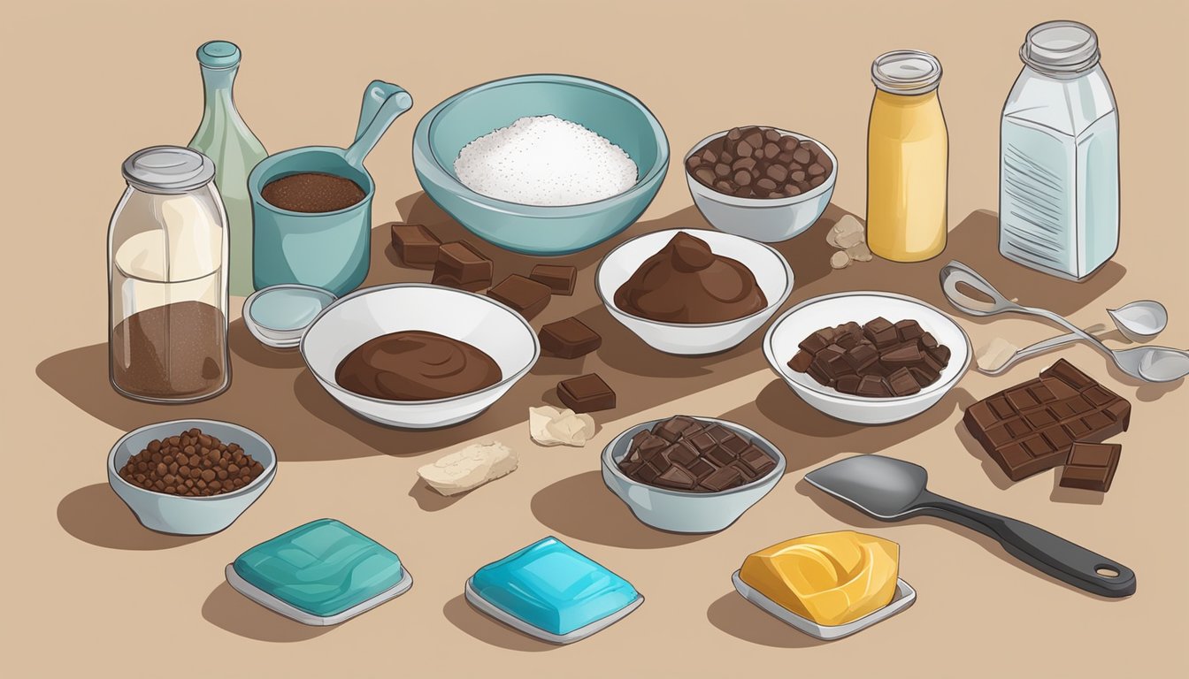 A variety of ingredients and tools for making couverture chocolate alternatives and DIY options displayed on a kitchen counter