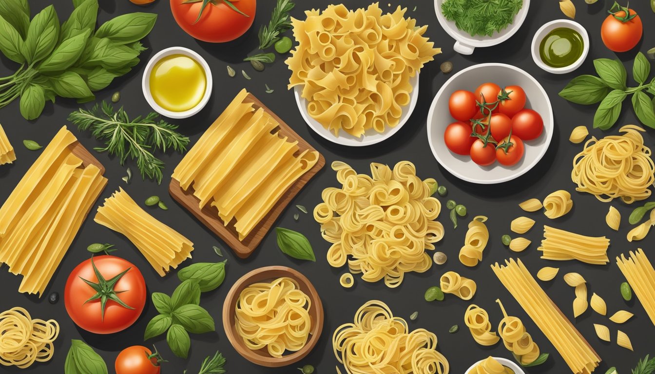 A rustic kitchen table adorned with a variety of pasta shapes, including corzetti, surrounded by fresh herbs, tomatoes, and olive oil