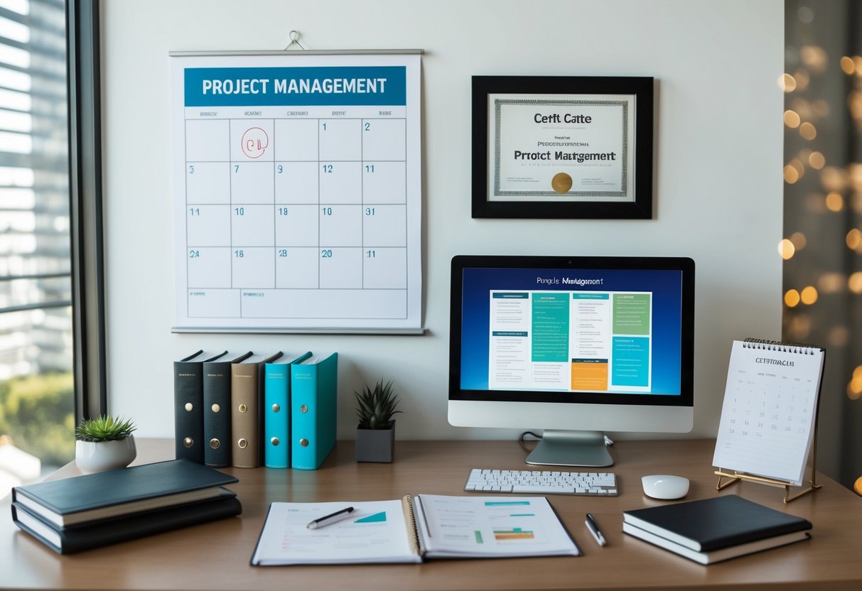 A desk with a computer, planner, and various project management books. A wall calendar with important dates circled. A certificate of project management displayed on the wall