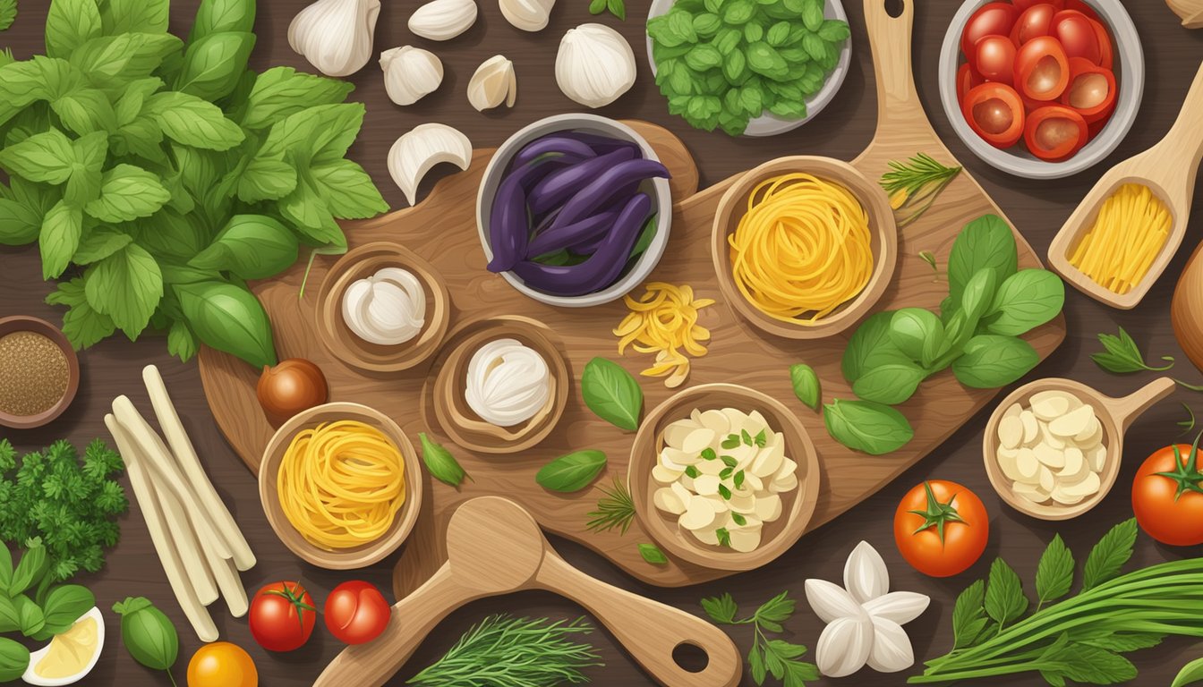 A variety of corzetti pasta substitutes displayed on a wooden cutting board surrounded by fresh herbs, vegetables, and cooking utensils