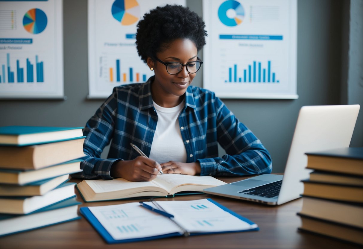 A person researching and studying with books, a laptop, and a notepad, surrounded by charts and diagrams