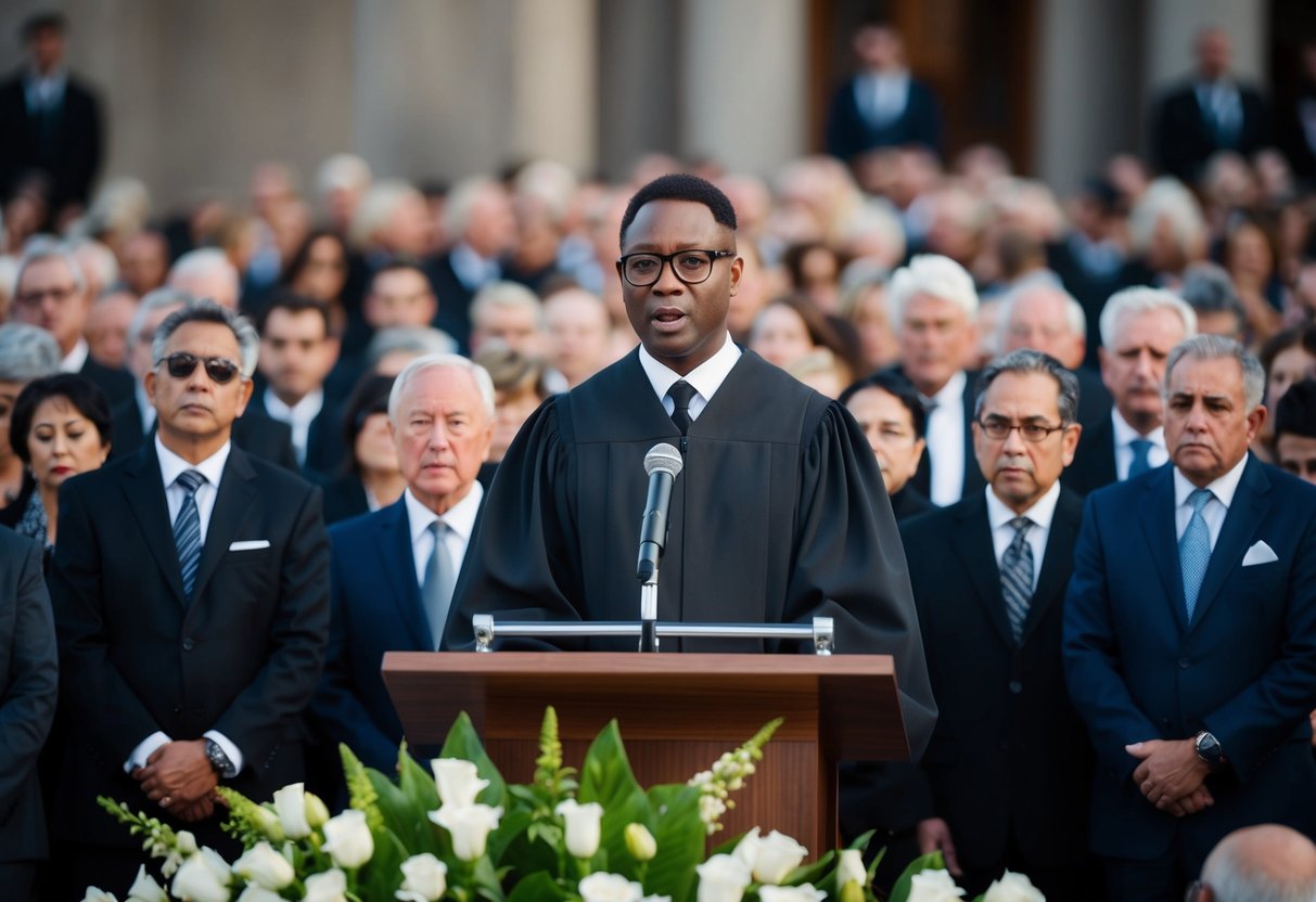 A celebrant standing at a podium in a funeral setting, surrounded by mourners